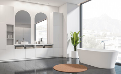 Bright modern bathroom interior with freestanding tub, twin sinks, indoor plant and large windows, 3D Rendering, concept of contemporary luxury
