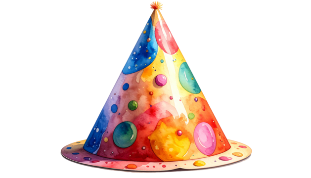 Watercolor illustration of a colorful, polka-dotted party hat with a pom-pom on a black background
