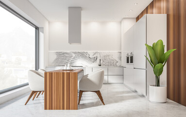 Naklejka na ściany i meble Sleek modern kitchen interior with wood island, marble backsplash, fabric chairs, and large window in white open space concept. 3D Rendering