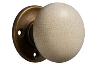 Vintage ceramic doorknob with brass base on transparent background