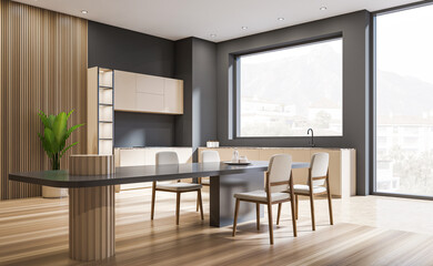 Contemporary kitchen interior with stylish furniture, modern graphic style, wood and neutral tones, bright natural background, concept of interior design. 3D Rendering