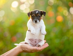 Adorable small canine puppy cradled in hands outdoors in soft light