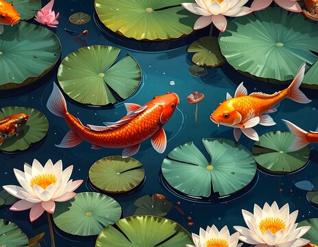 An idyllic pond scene featuring koi fish amongst lily pads - Powered by Adobe