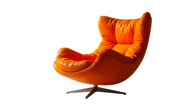 Vibrant orange leather swivel chair casting deep shadows on a black background, highlighting its textured surface