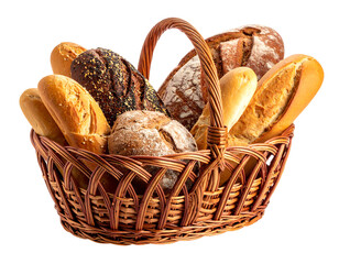 Wicker basket overflowing with various crusty loaves and baguettes, on a transparent background