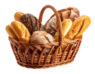 Wicker basket overflowing with various crusty loaves and baguettes, on a transparent background