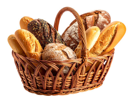 Wicker basket overflowing with various crusty loaves and baguettes, on a transparent background