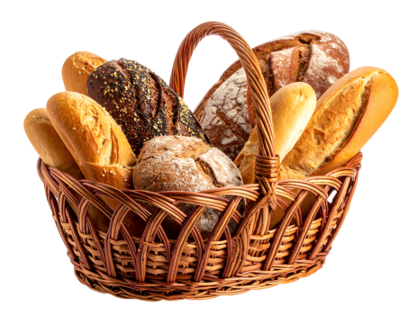 Wicker basket overflowing with various crusty loaves and baguettes, on a transparent background