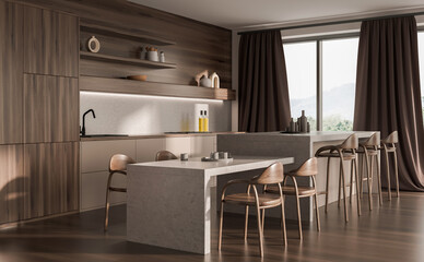 Modern kitchen interior with wood cabinetry, marble surfaces, stylish chairs, soft daylight and curtain backdrop, concept of luxury home design. 3D Rendering