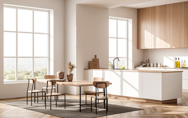 Bright minimalist kitchen interior with natural light, wooden furniture, modern design, large windows and neutral colors. Concept of cozy living. 3D Rendering