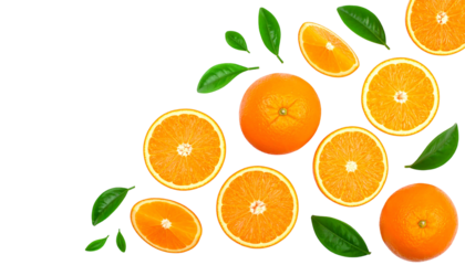 Vibrant orange slices and whole fruits arranged with green leaves on a stark black background create a lively pattern