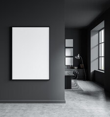 Framed empty poster template on dark wall in modern interior with dining room view, clean layout concept and soft natural light. 3D Rendering
