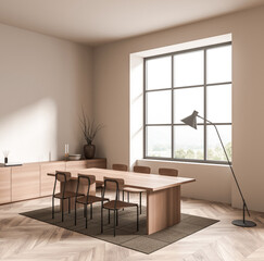 Contemporary dining room interior with wood table and chairs, minimalist decor, and large window on soft beige background. Concept of modern living. 3D Rendering