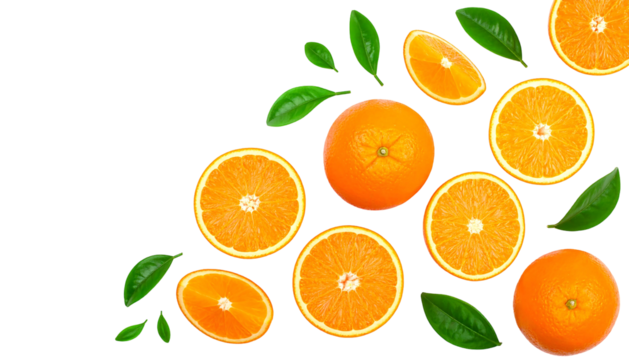 Vibrant orange slices and whole fruits arranged with green leaves on a stark black background create a lively pattern