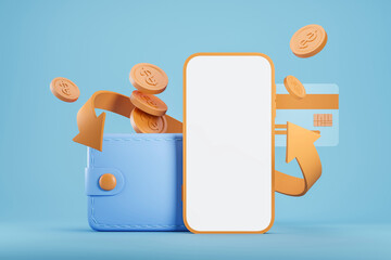 Phone screen mockup with coins, wallet, and credit card in 3D Rendering style on blue background. Concept of cashback, online payment, and digital wallet