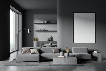 Minimalist living room with blank vertical poster on dark wall, modern furniture, neutral tones, concrete floor and stylish decor. 3D Rendering