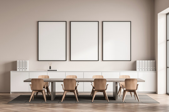 Elegant office interior with three blank framed posters on beige wall, modern wooden furniture, clean layout, natural light, concept mockup. 3D Rendering