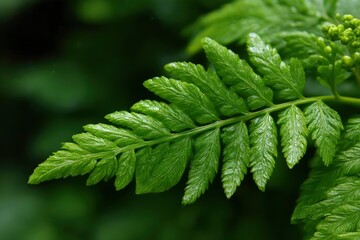 A vibrant close-up captures the intricate details of lush green foliage, possibly a fern, showcasing a fresh and dewy texture. The crisp, clean leaves glow with natural light against a softly blurred,