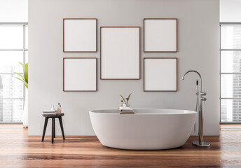 Contemporary bathroom interior with empty poster frames above a white bathtub, clean design concept, wood floor, light background. 3D Rendering