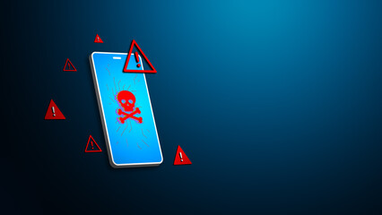Smartphone cybersecurity alert with malware warning symbol, virus infection danger, red skull icon and exclamation signs on blue background