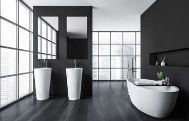 Contemporary bathroom interior with elegant white freestanding bathtub and pedestal sinks, modern design, large window background, minimalist concept, 3D Rendering