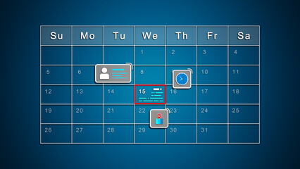 Modern Digital Calendar Interface with Highlighted Dates and Event Icons Including ID, Clock, Location, and Task List on Blue Gradient Background