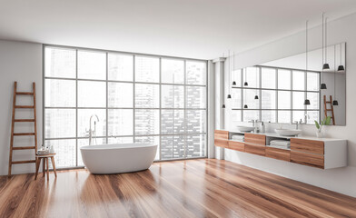 Modern bathroom interior with wood elements, minimalistic style, large panoramic window background, concept of luxury relaxation, 3D Rendering