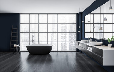 Contemporary bathroom interior with large windows, freestanding tub, double sinks, pendant lights, dark wood floor on cityscape background. Concept. 3D Rendering