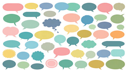 Varied pastel speech bubbles spread across a black background, forming a complex, interwoven pattern of conversations