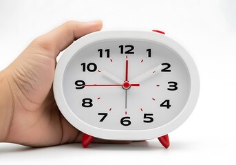 Hand holding white oval analog alarm clock showing time close to noon or midnight