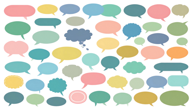 Varied pastel speech bubbles spread across a black background, forming a complex, interwoven pattern of conversations