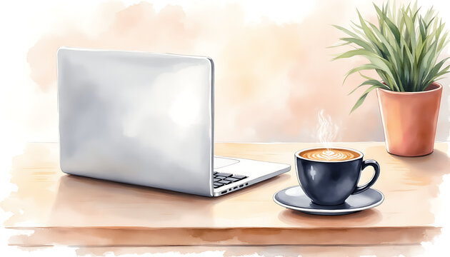 A laptop computer with a cup of coffee and a potted plant on a wooden desk