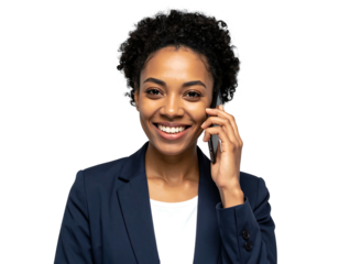 Smiling woman with curly hair, wearing a dark blazer, holds a phone to her ear against a stark black background
