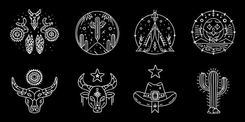 Collection of western and southwestern themed line art icons and symbols on a black background