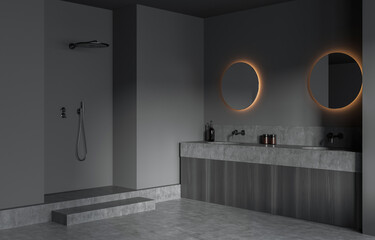 Minimalist bathroom interior with dual round mirrors, concrete sink, and walk-in shower, in grey tones with ambient lighting. Concept of modern design. 3D Rendering