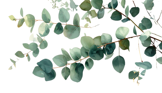 Watercolor illustration of eucalyptus branches, serene greens against a dark background, softly lit
