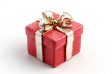 Obraz premium A vibrant red gift box, elegantly adorned with a shimmering silver and gold ribbon and a beautifully tied bow, stands out on a pristine white background. This visually striking image perfectly capture