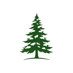 A stylized evergreen tree, rendered in a single shade of green, stands against a stark white background.