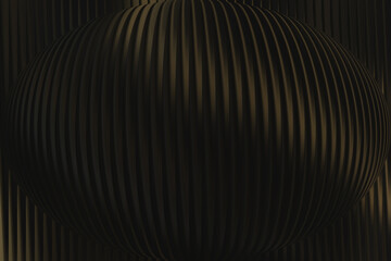 Dark abstract sphere with vertical lines and a metallic sheen, set against a dark, textured background with subtle lighting