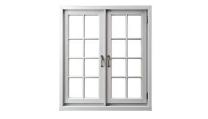 White framed window with divided panes, centered on a black background, creating an isolated effect