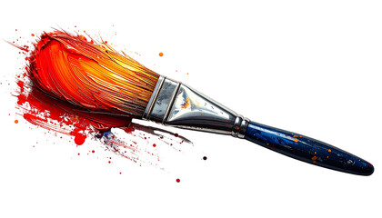 Vivid paint-laden brush with red and orange hues against a black background, creating an energetic burst of color