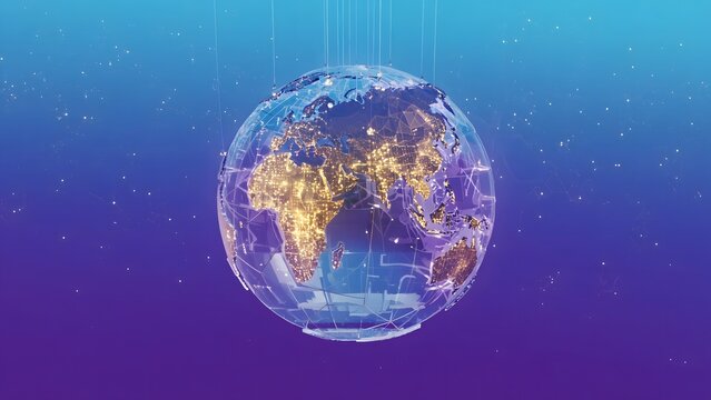 Illuminated earth sphere suspended in a gradient cosmic atmosphere with distant stars and celestial light particles creating a vibrant and ethereal global representation