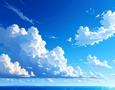 Anime-style illustration of fluffy white clouds in a bright blue sky (1)