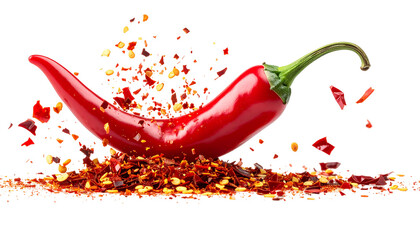 Vivid red chili pepper on a bed of flakes, against a stark black backdrop