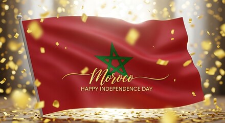 Morocco Independence Day Celebration with Flag and Golden Confetti Burst