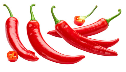 Vivid red chili peppers, whole and sliced, with green stems arranged against a dark, transparent background