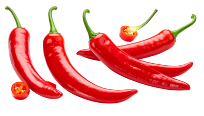 Vivid red chili peppers, whole and sliced, with green stems arranged against a dark, transparent background