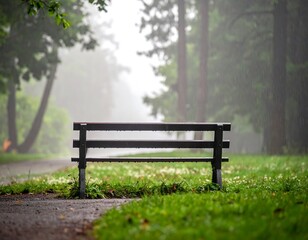A wooden bench sits alone on a path under a misty, rainy canopy of trees