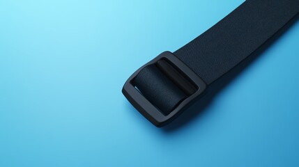 sleek 3d design of black seat belt latched in place, isolated on a soft blue background with gradient lighting, horizontal orientation ideal for safety communication or transport awareness campaigns