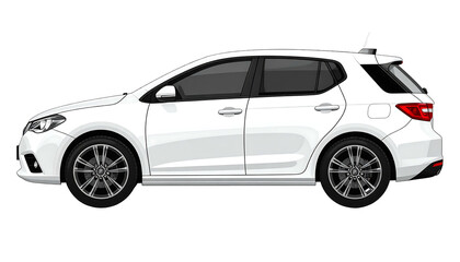 Fototapeta premium White hatchback, side view. Sleek, dark wheels, dark windows. Black background for contrast. Bright, clean look